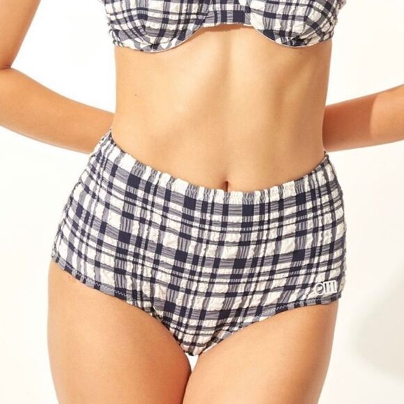 NWOT Solid & Striped Women's Ginger Bikini Bottom Puckered Madras Navy White S - Picture 1 of 11